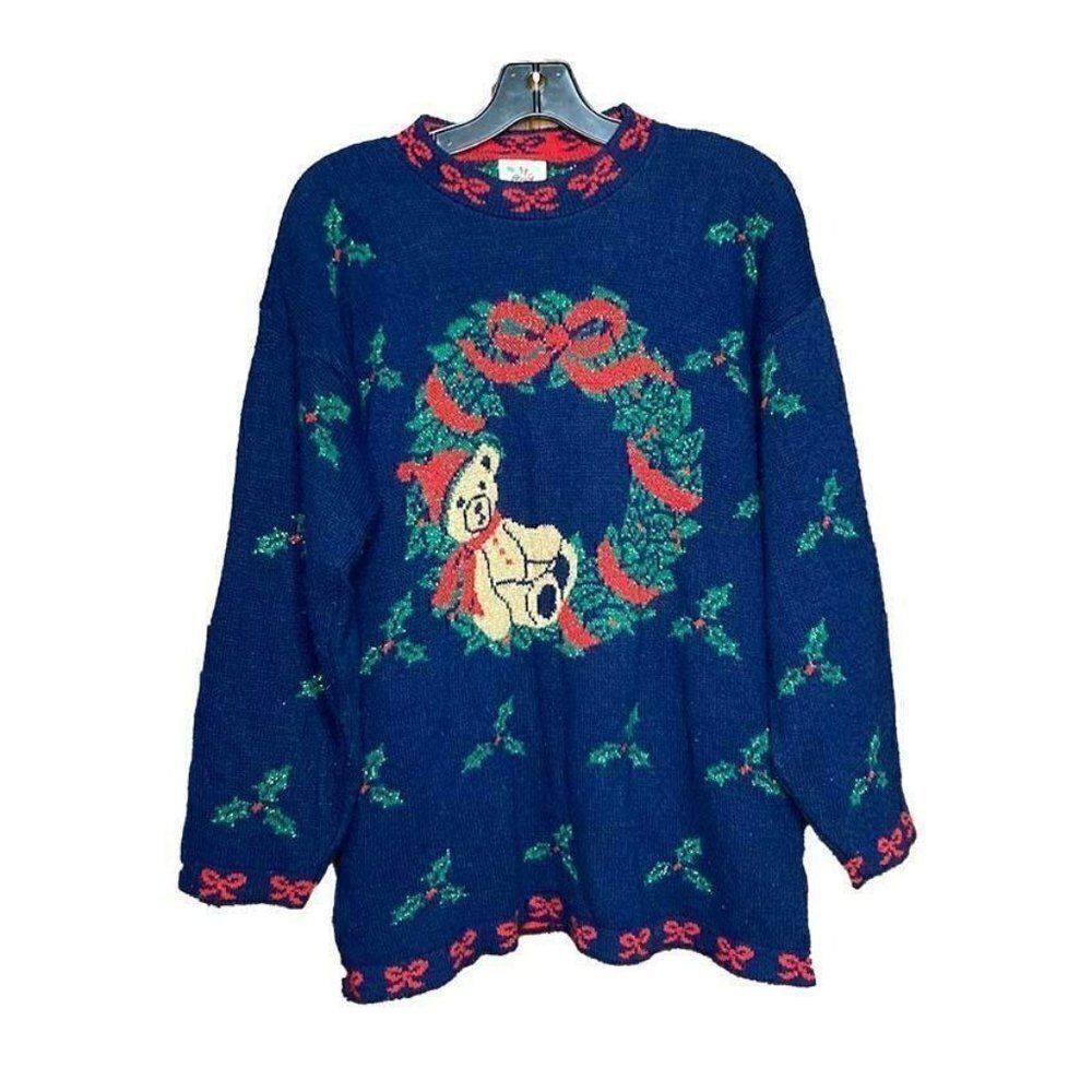 Nutcracker by Adele Blue Ugly Sweater S ~VTG 80's~Teddy Bear Christmas Oversized